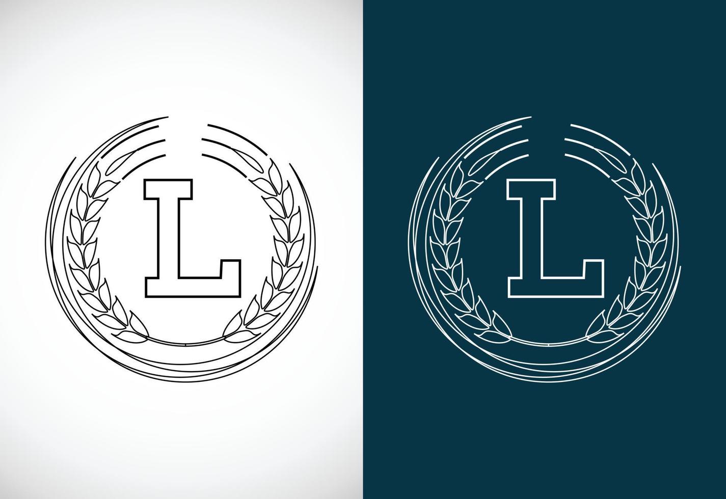 eerste brief l met tarwe lauwerkrans. biologisch tarwe landbouw logo ontwerp concept. landbouw logo. vector