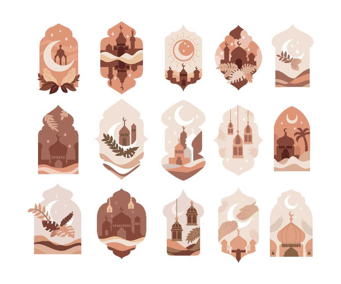 verzameling van oosters stijl Islamitisch ramen en bogen met modern boho ontwerp, maan, moskee koepel en lantaarns. kaart Ramadan eid mubarak. modern Islamitisch patroon. ramzan post kunst met boho boog. vector