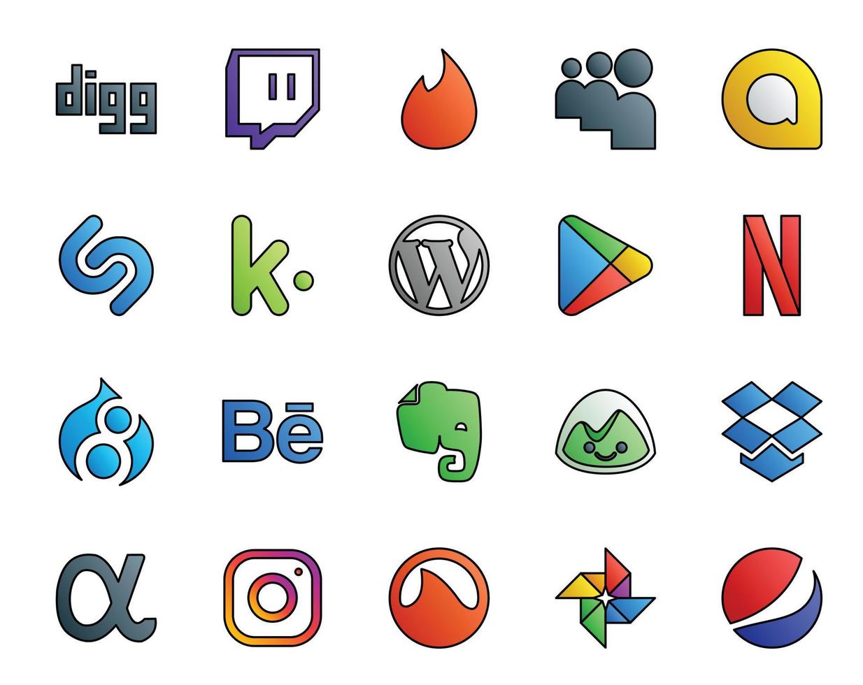 20 sociaal media icoon pak inclusief app netto basiskamp cms ooit noteren drupal vector