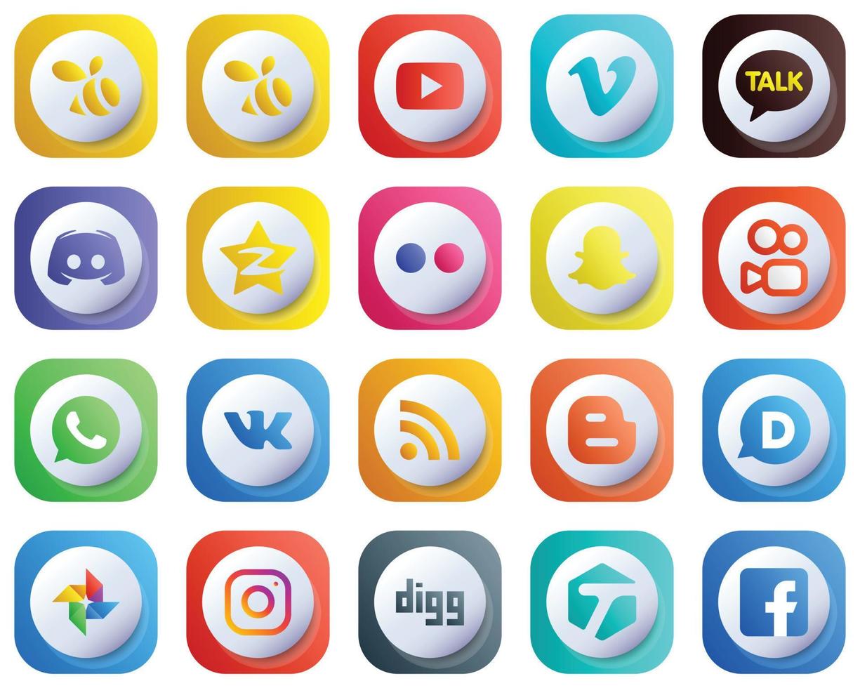 20 schattig 3d helling pictogrammen van majoor sociaal media platformen zo net zo whatsappen. snapchat. tekst en yahoo pictogrammen. ten volle aanpasbare en minimalistische vector