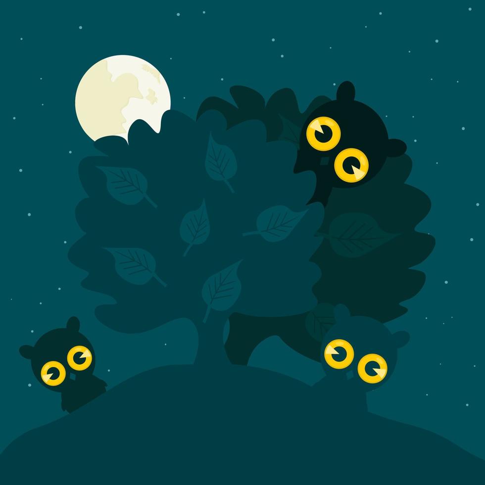 uilen verbergen achter een boom Bij nacht. een vector illustratie