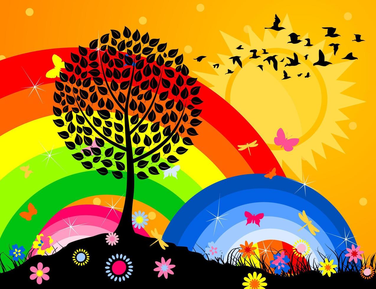 silhouet van een boom tegen een regenboog en de helder lucht. een vector illustratie