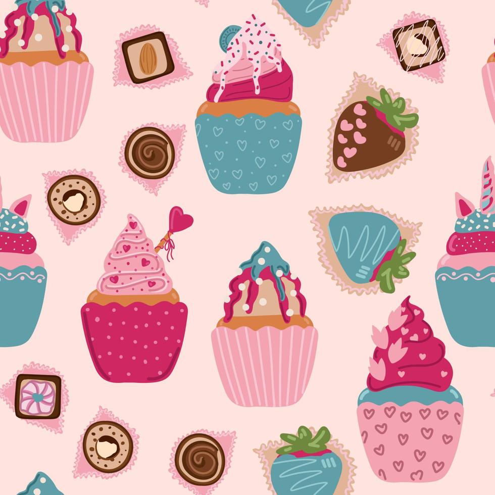 st. Valentijn s dag naadloos patroon met ijs room, cupcakes, harten en aardbei Aan licht roze achtergrond. perfect voor geschenk papier, groet kaarten, behang. vector hand- getrokken illustratie.