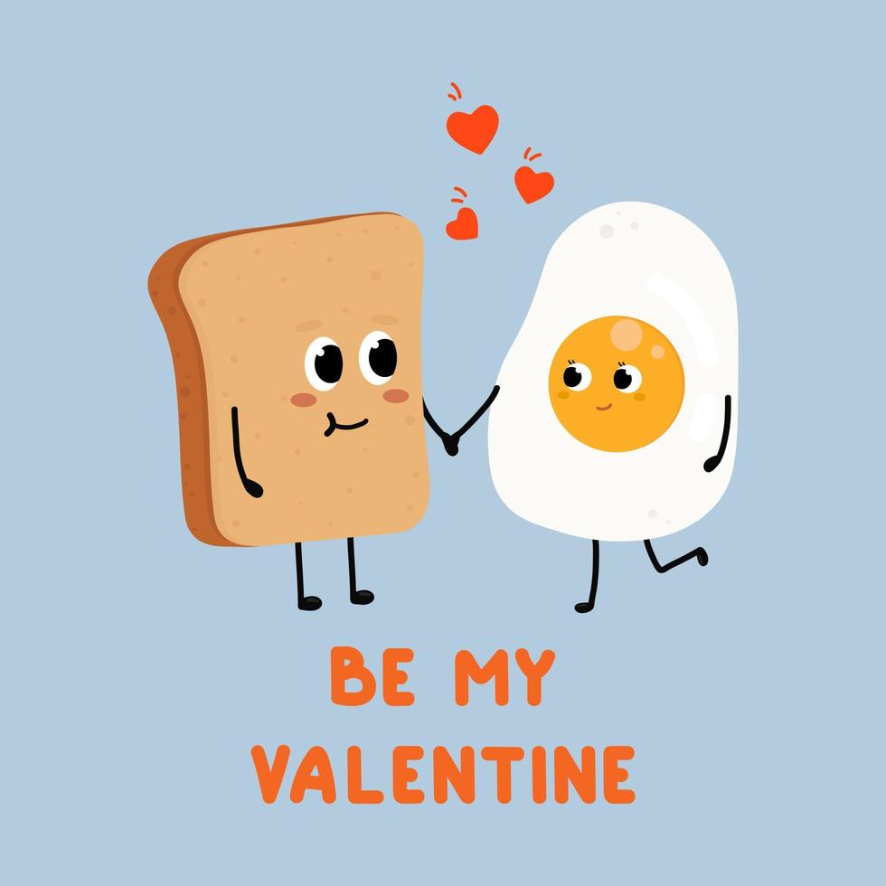 schattig gebakken ei en brood vallend in liefde. liefde en Valentijnsdag dag concept. worden mijn valentijn. illustratie geïsoleerd Aan blauw achtergrond. vector