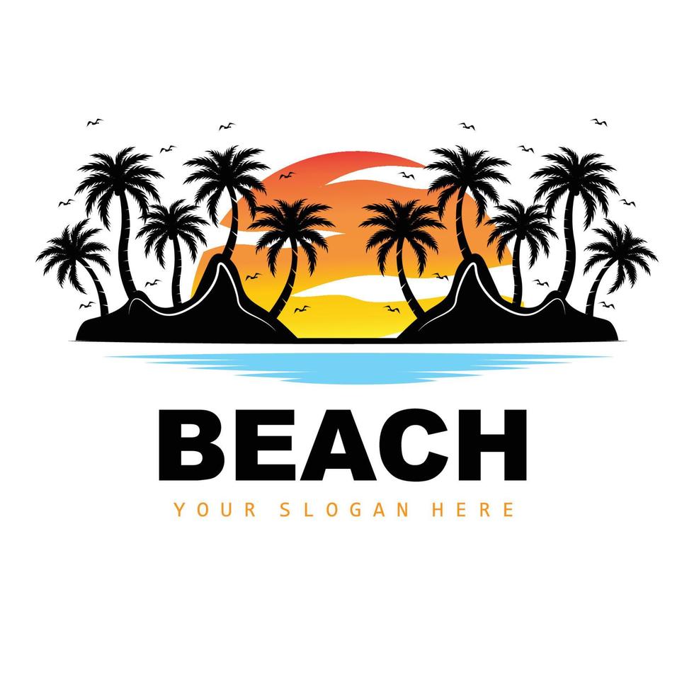 kokosnoot boom en strand logo, oceaan natuur landschap ontwerp, strand icoon fabriek vector