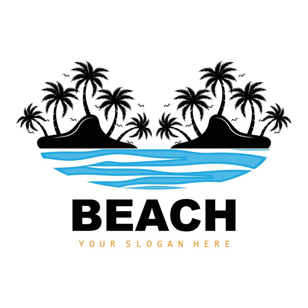 kokosnoot boom en strand logo, oceaan natuur landschap ontwerp, strand icoon fabriek vector