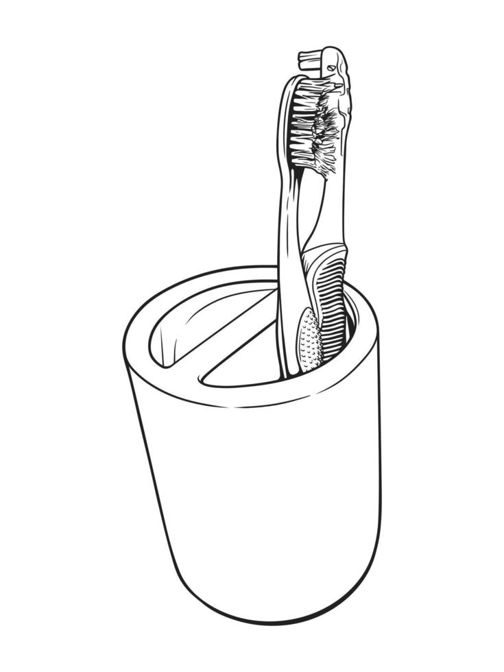 tandenborstel in bekerhouder. vector lijn kunst illustratie