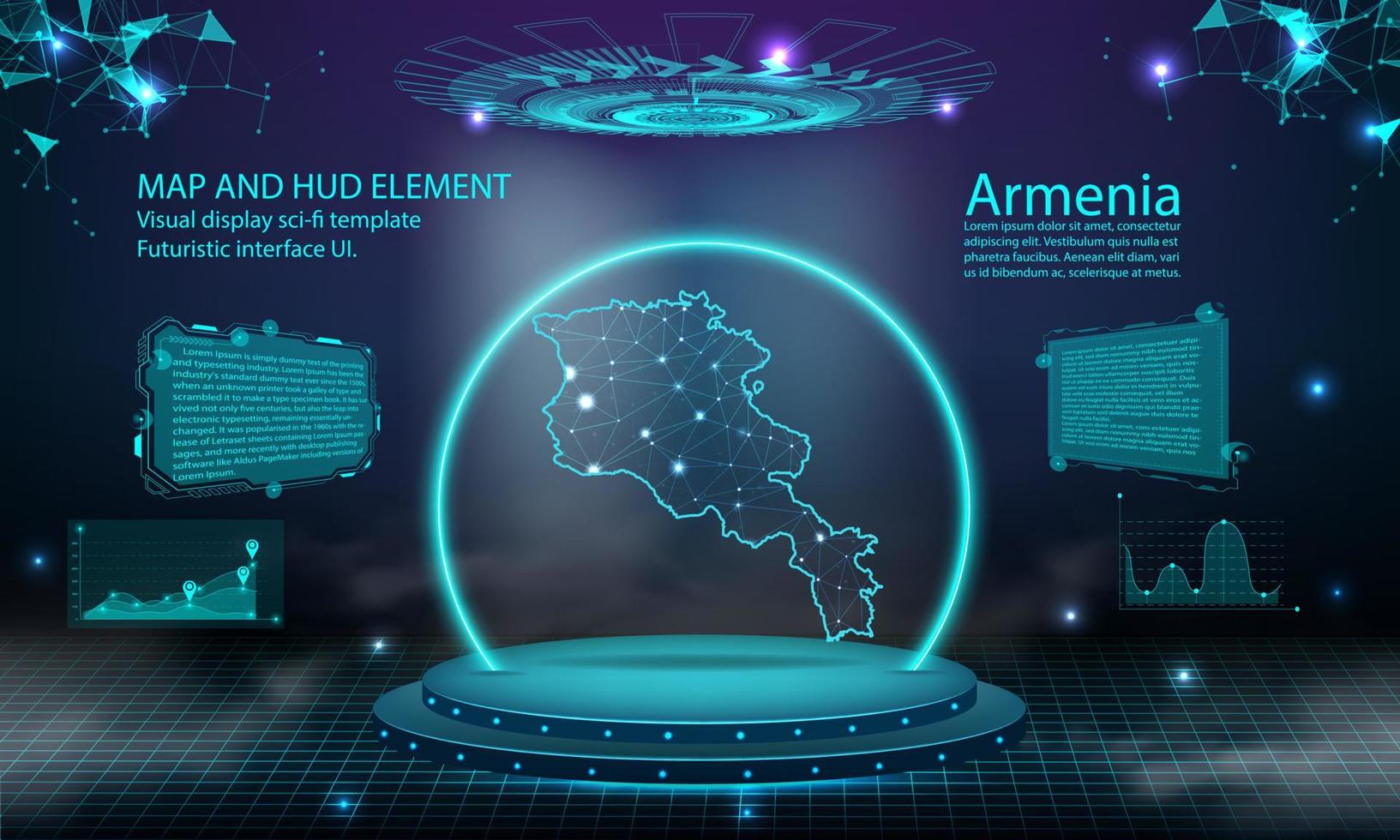 Armenië kaart licht Verbinden effect achtergrond. abstract digitaal technologie ui, gui, futuristische hud virtueel koppel met Armenië kaart. stadium futuristische podium in mist. vector