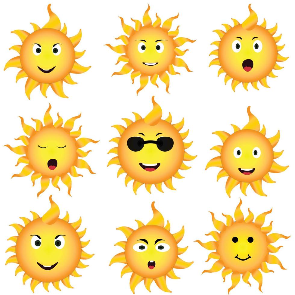 zon icoon set. grappig vector tekening zon. zomer, zonlicht, natuur, lucht. vector vlak ontwerp. geïsoleerd Aan wit achtergrond. hand- getrokken set. zon icoon vector symbool set. een groep van vormen voor de zon.