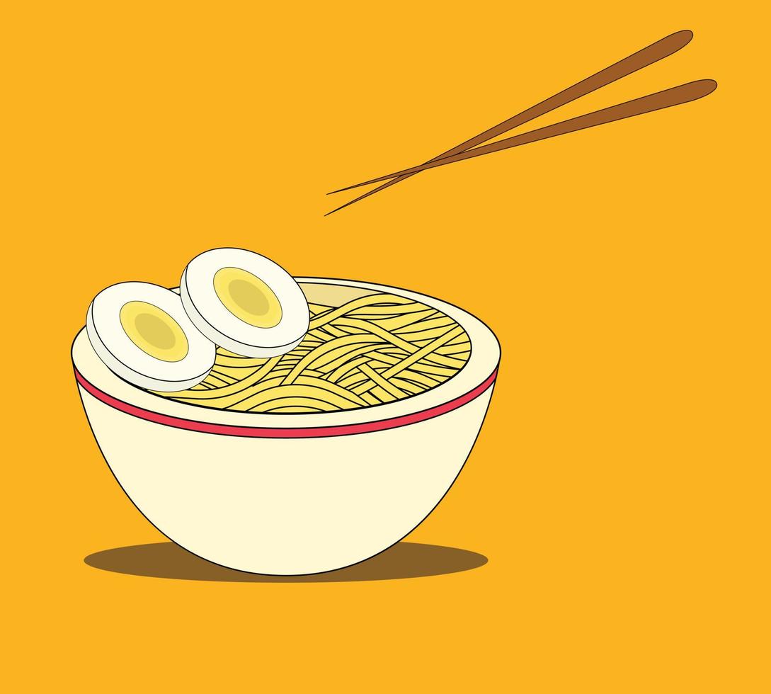 vector illustratie van geel noodle soep in een schaal. aan het eten noedels met eetstokjes.