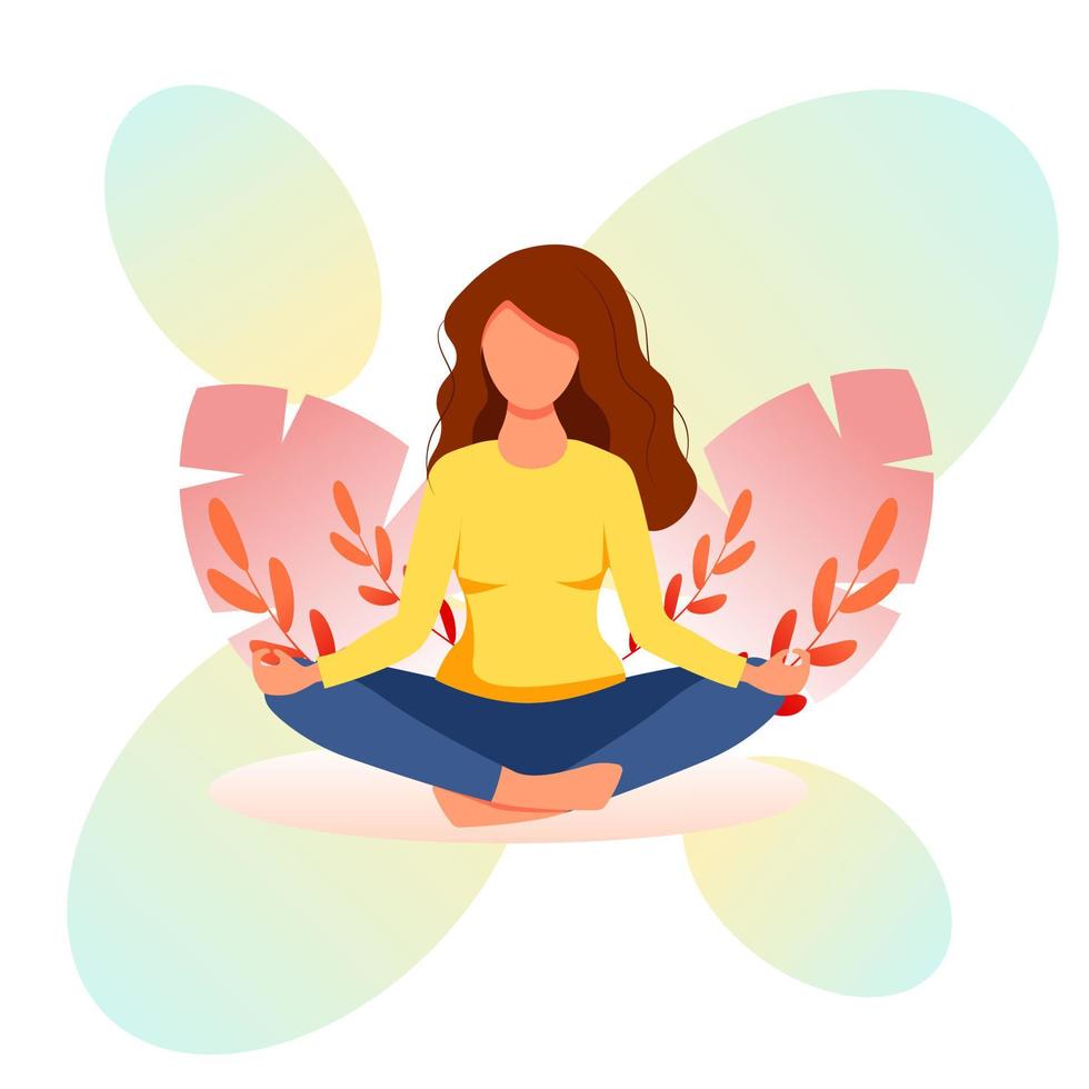 vrouw mediteren in natuur en bladeren. concept illustratie voor yoga, meditatie, kom tot rust, recreatie, gezond levensstijl. illustratie in vlak tekenfilm stijl vector