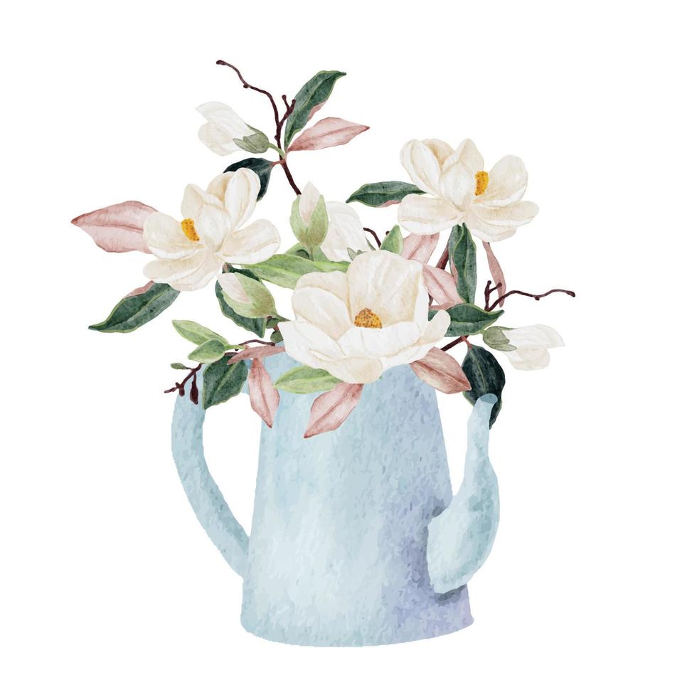 aquarel witte magnolia bloeiende bloem tak boeket in glazen vaas clipart vector