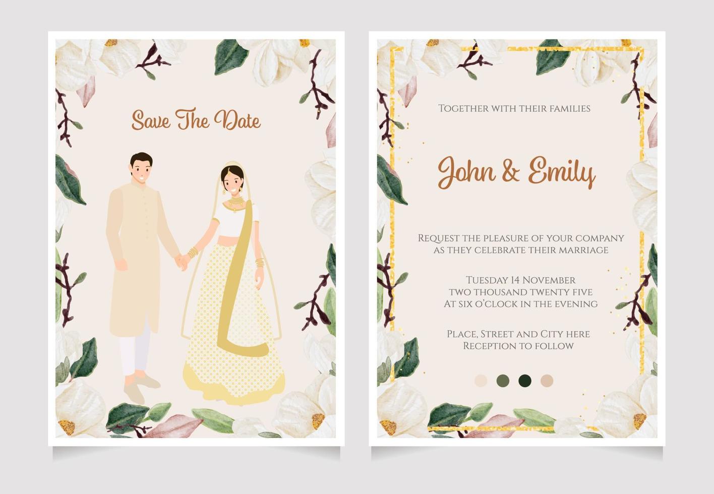 schattig jong Indisch bruiloft paar Aan waterverf wit magnolia bloem boeket bruiloft uitnodiging kaart sjabloon verzameling vector