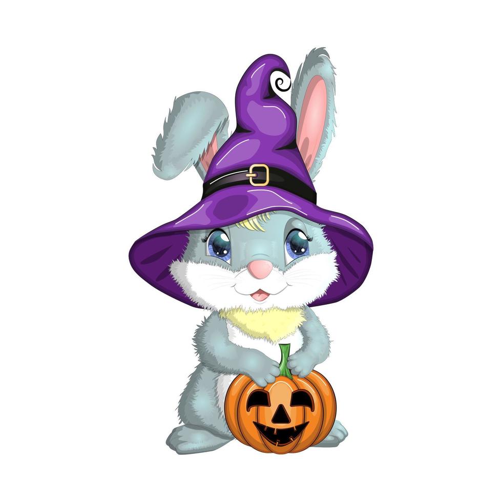 schattig konijn in heks hoed met pompoen, bezem, toverdrank. gelukkig halloween festival concept. jaar 2023 haas mascotte karakter vector