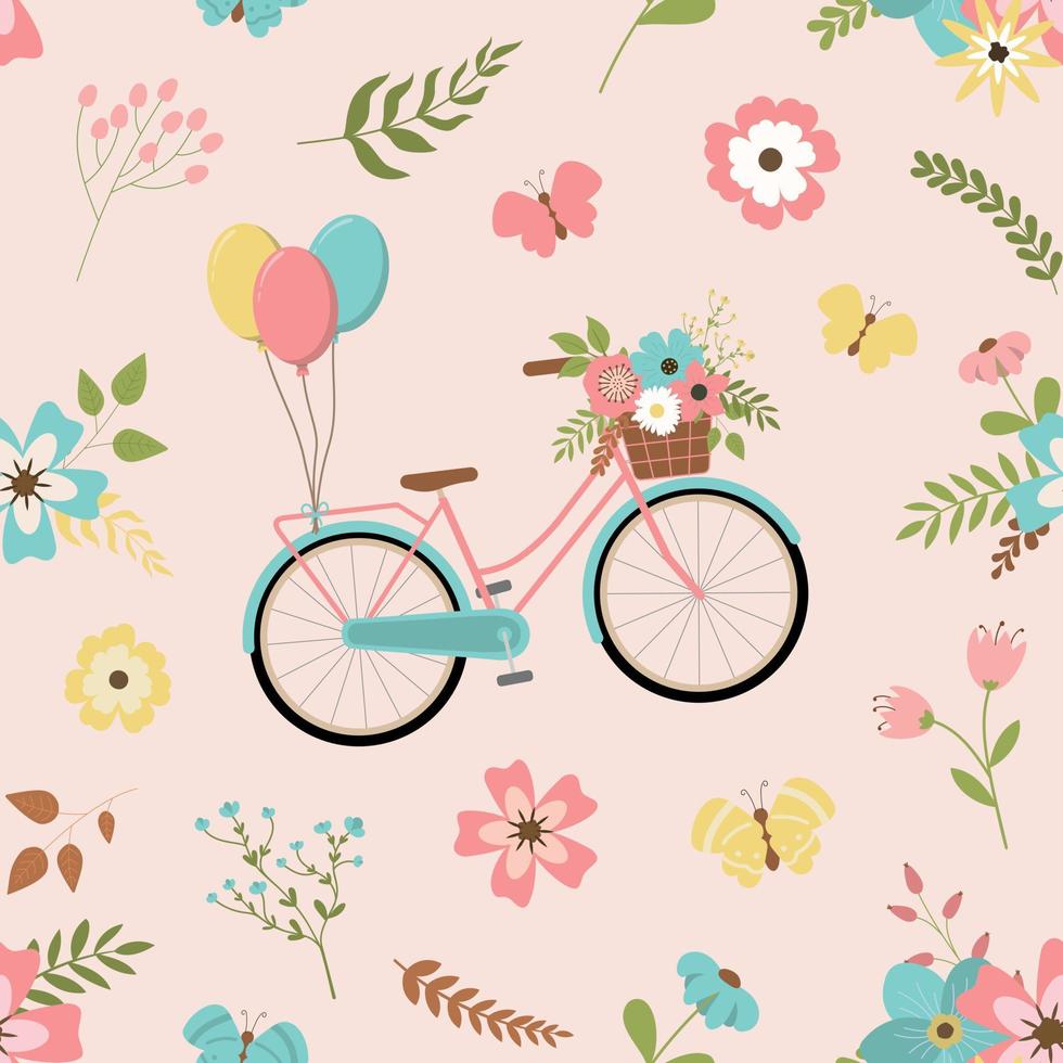 schattig romantisch patroon met fietsen, bloemen, en bladeren Aan roze achtergrond. schattig voorjaar ontwerp. vector