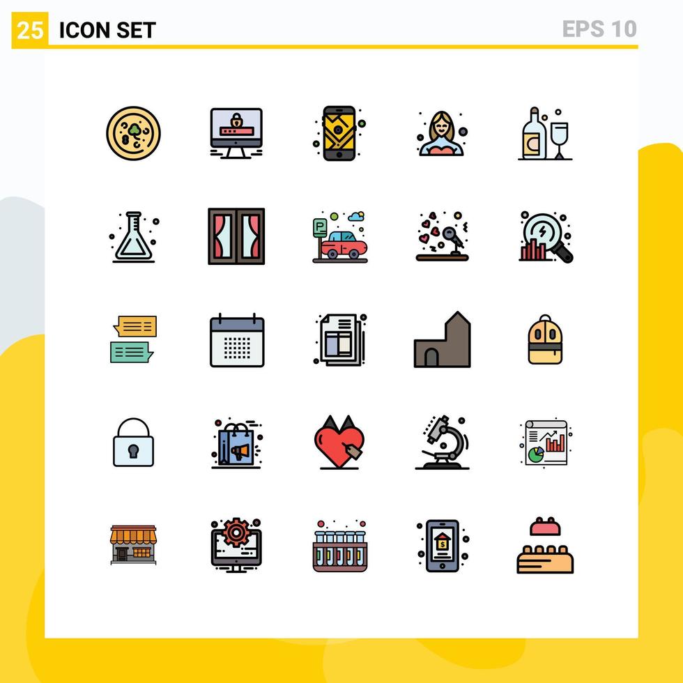 25 thematisch vector gevulde lijn vlak kleuren en bewerkbare symbolen van glas gebruiker mobiel profiel danser bewerkbare vector ontwerp elementen