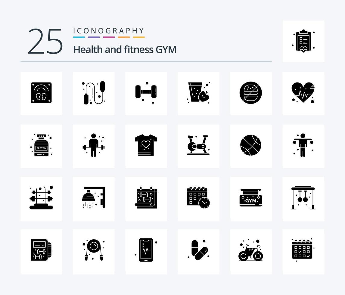 Sportschool 25 solide glyph icoon pak inclusief gezondheidszorg. hamburger. Sportschool. appel. fruit vector