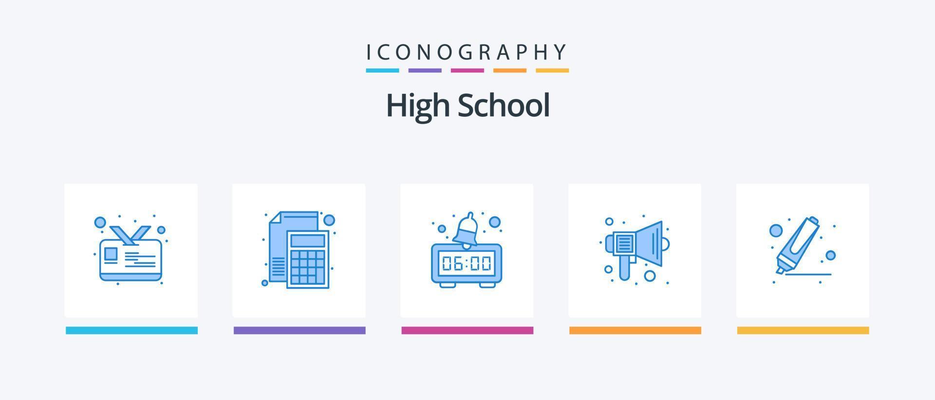 hoog school- blauw 5 icoon pak inclusief markeerstift. spreker. alarm. geluid. onderwijs. creatief pictogrammen ontwerp vector