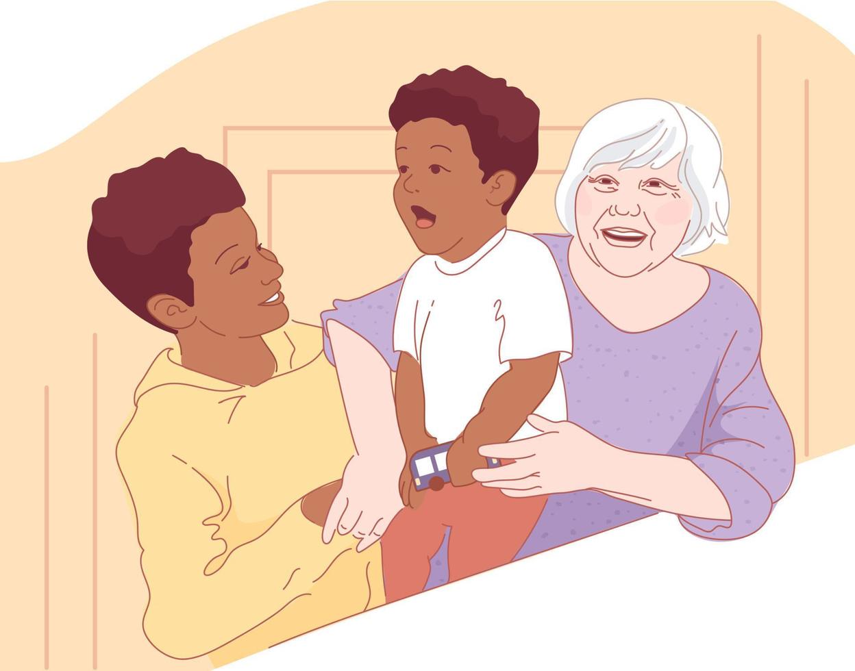 gelukkig Internationale, multi-etnisch familie. Europese grootmoeder en zwart kleinkinderen knuffel en lachen. Afrikaanse Amerikaans liefhebbend familie. broers, broers en zussen, kinderen van allemaal leeftijden. voor affiches, flyers, vector