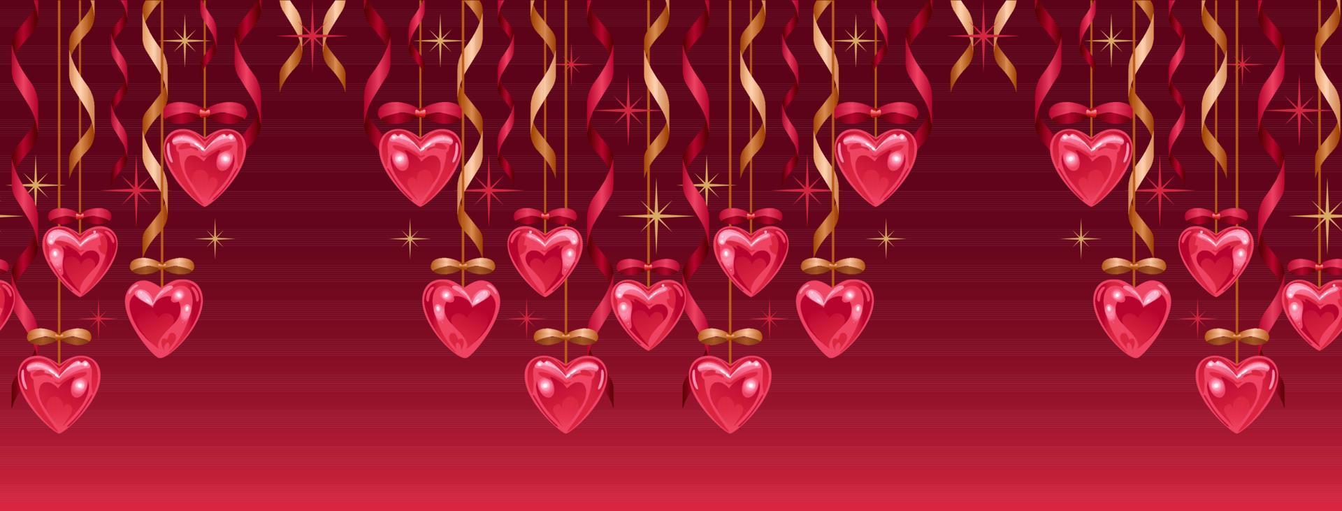 naadloos grens voor valentijnsdag dag. schijnend harten, goud en rood linten en bogen, sterren. liefde jij. helder horizontaal vector illustratie in een realistisch stijl. voor reclame banier, website