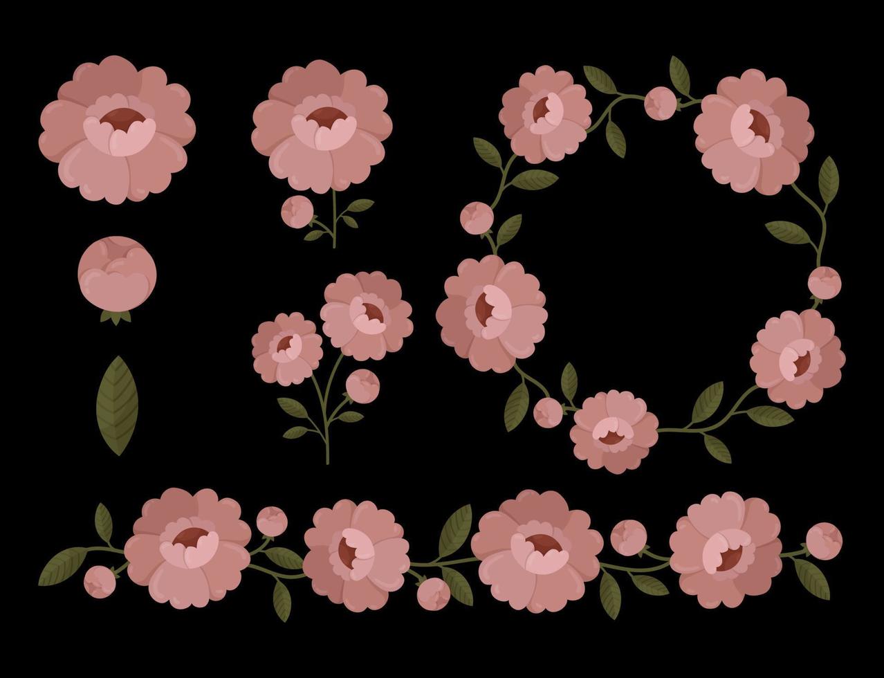 volk reeks van bloemen elementen geïsoleerd Aan donker achtergrond. pastel roze pioen bloemen met bloemknoppen en bladeren. vector