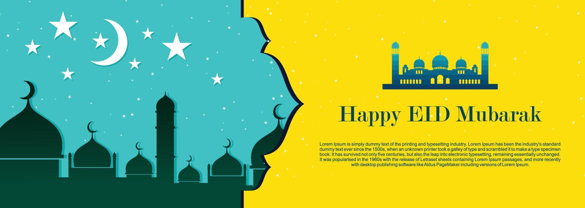 eid mubarak Islamitisch achtergrond, gelukkig eid mubarak banier illustratie, Islamitisch groet kaart religie moslim viering. Arabisch modern schoonschrift vector