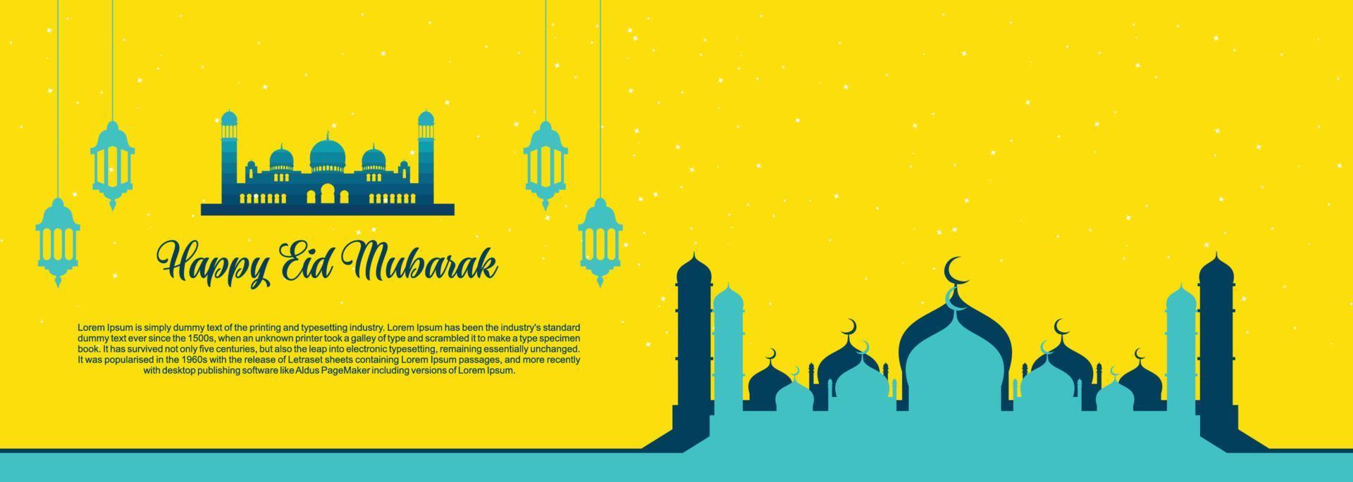 eid mubarak Islamitisch achtergrond, gelukkig eid mubarak banier illustratie, Islamitisch groet kaart religie moslim viering. Arabisch modern schoonschrift vector