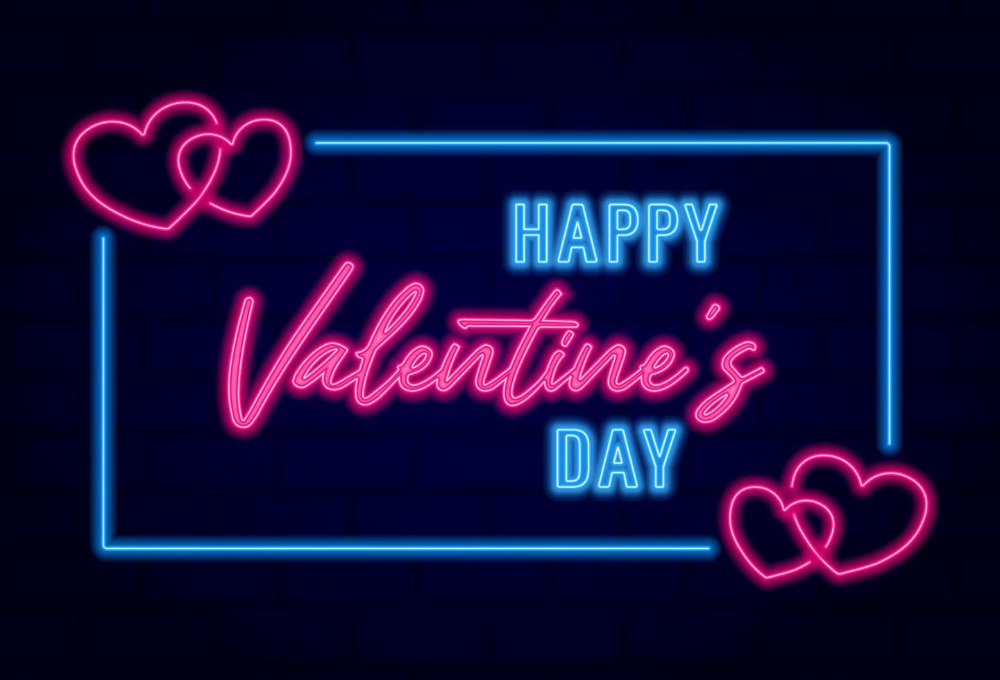 gelukkig Valentijnsdag dag neon teken, helder licht banier, neon harten, vector illustratie