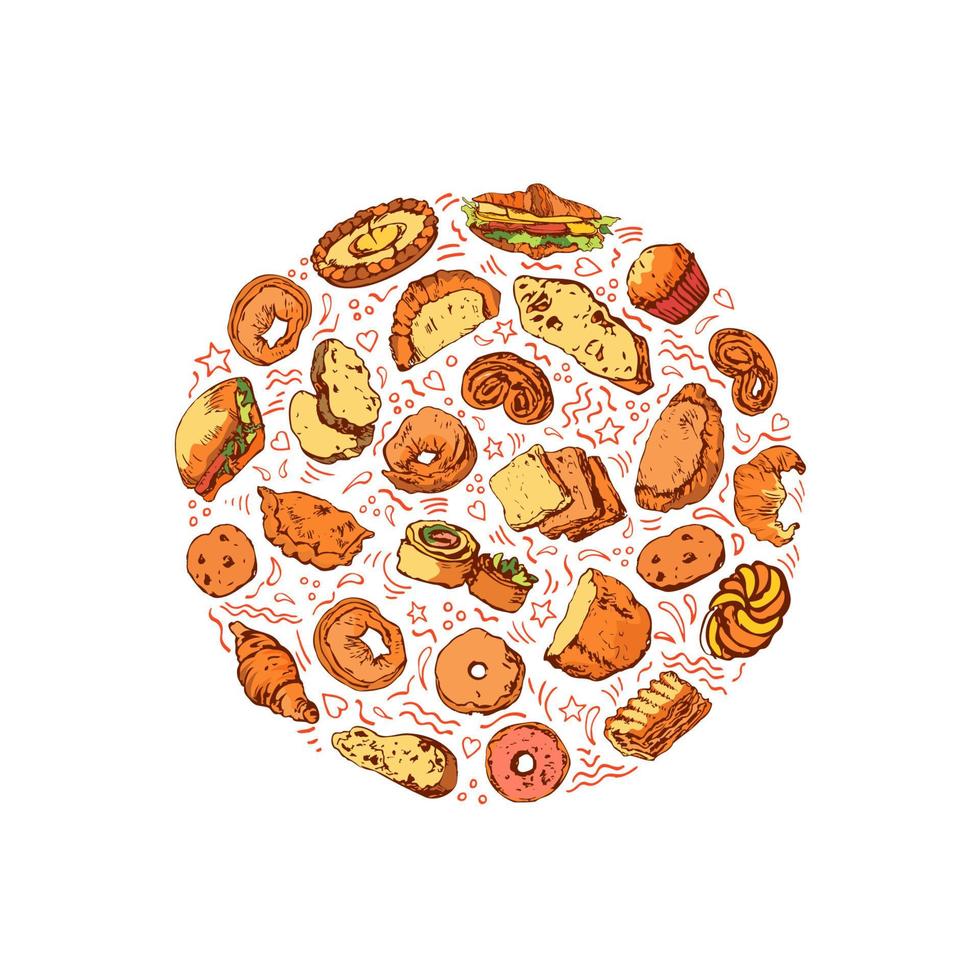 kleurrijk hand- getrokken brood en bakkerij goederen. bewerkbare verzameling van geïsoleerd tekening items geplaatst in ronde met divers decoratief elementen vector
