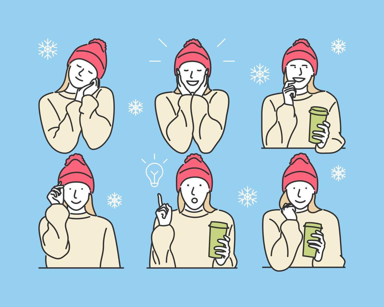 icoon illustratie van een vrouw uitdrukking in winter vector