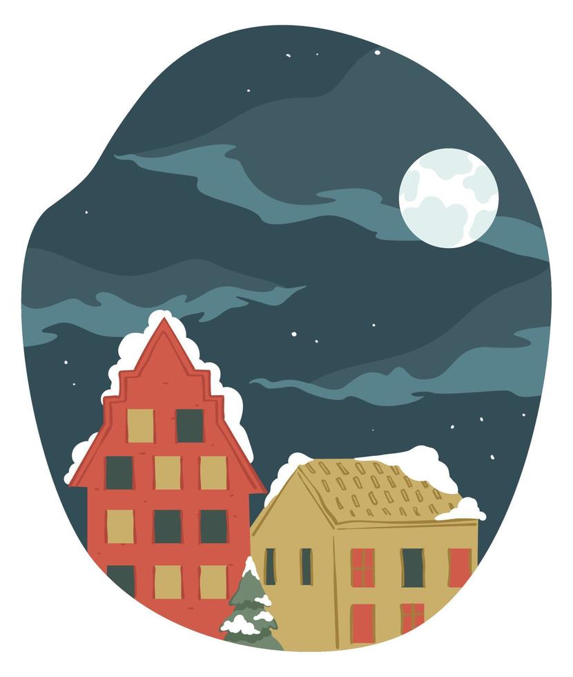 stadsgezicht met gebouwen en sneeuw, nacht met maan vector