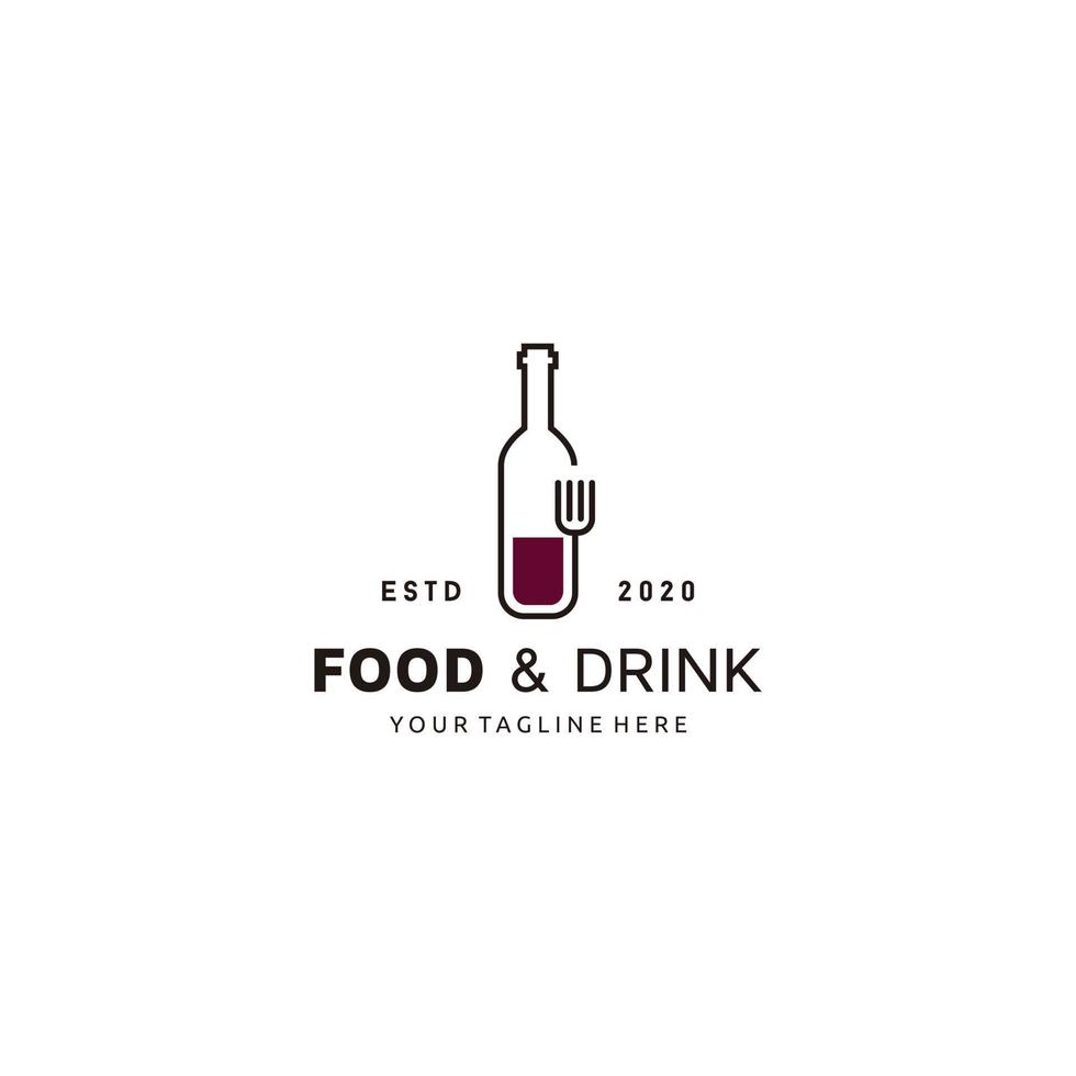 wijn fles met vork lijn kunst logo ontwerp vector illustratie voedsel icoon element