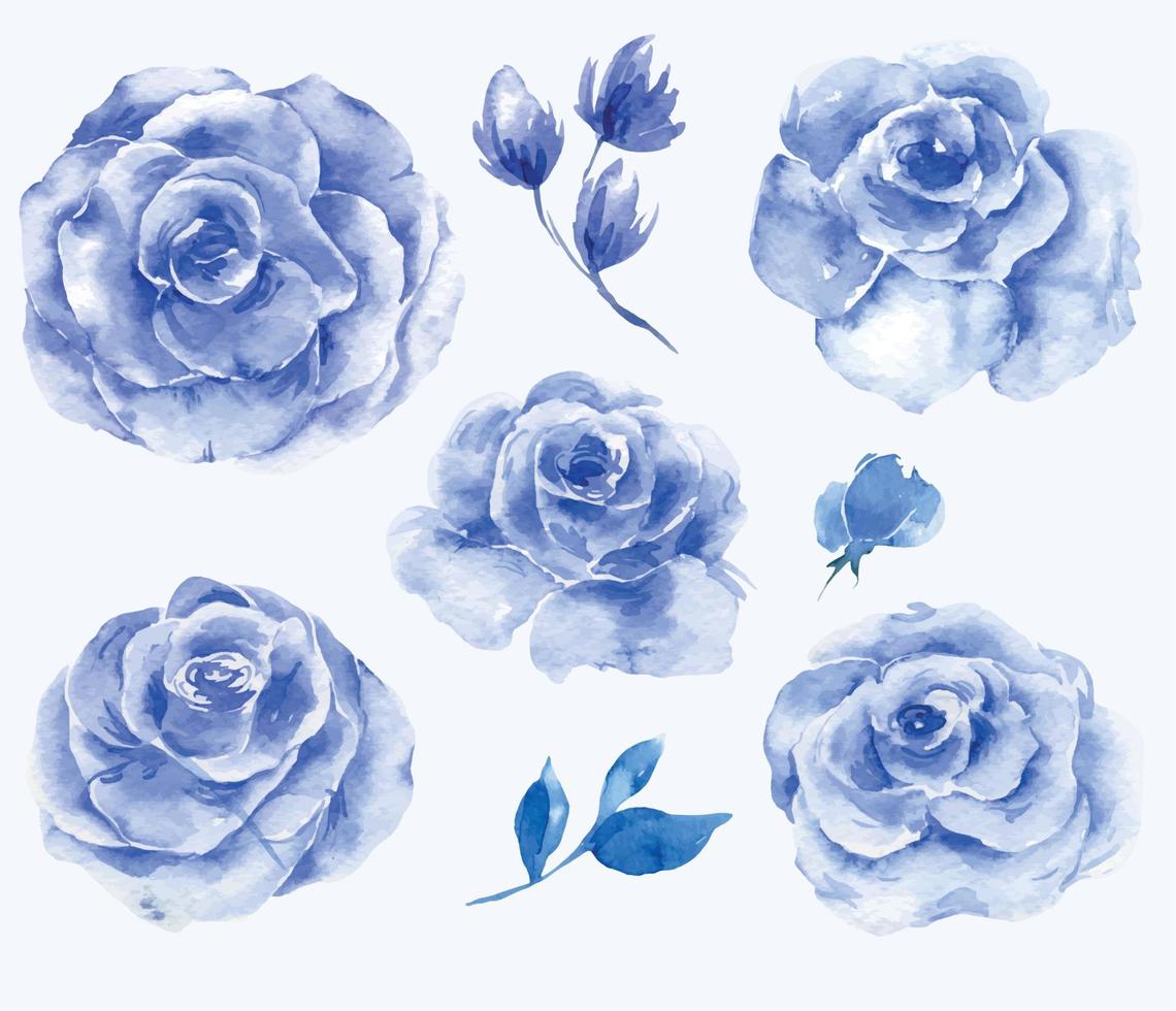 blauw roos bloemen, eucalyptus en groen waterverf illustratie set. hand- geschilderd. perfect voor bruiloft uitnodigingen, bruids douche en bloemen groet kaarten vector