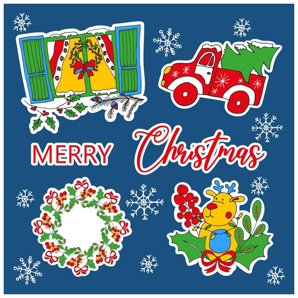 een kleurrijk Kerstmis kaart. een reeks van kleurrijk Kerstmis stickers. vakantie concept. vector illustratie in de stijl van krabbels.