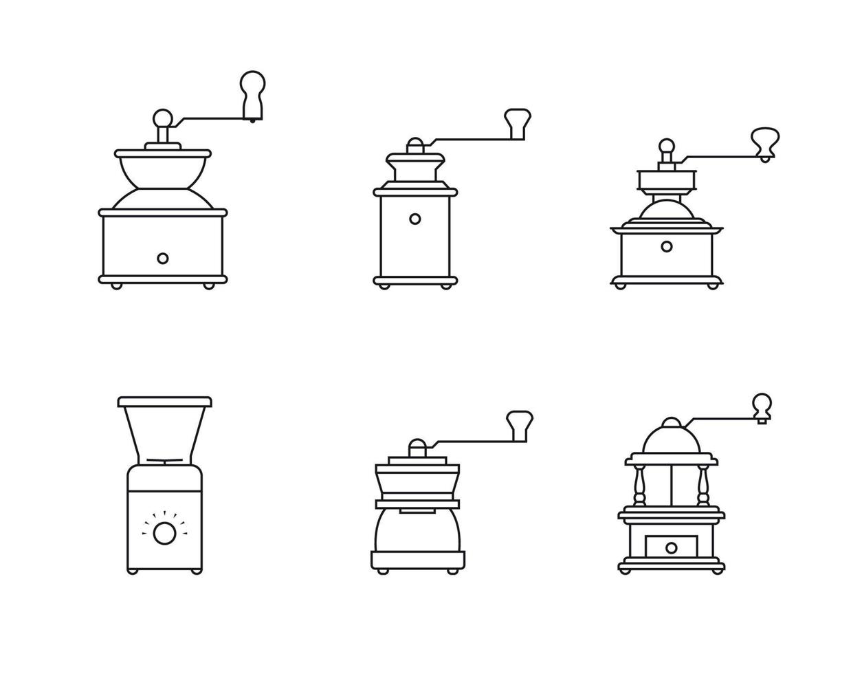 koffie molens pictogrammen set, contour Aan een wit achtergrond vector