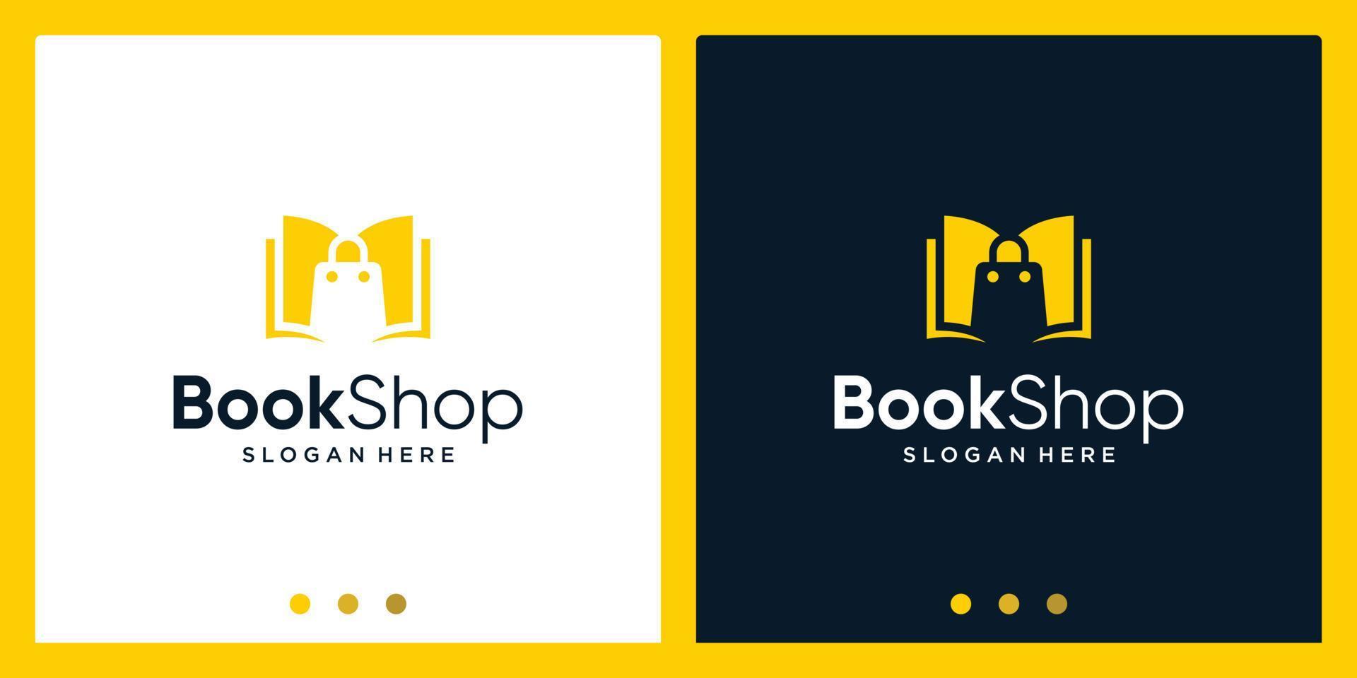 Open boek logo ontwerp inspiratie met boodschappen doen zak ontwerp logo. premie vector