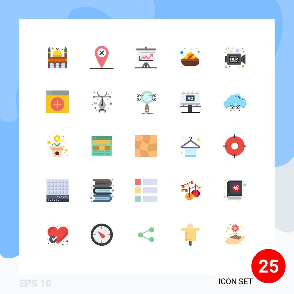 pictogram reeks van 25 gemakkelijk vlak kleuren van film datums analytics zoet voedsel bewerkbare vector ontwerp elementen