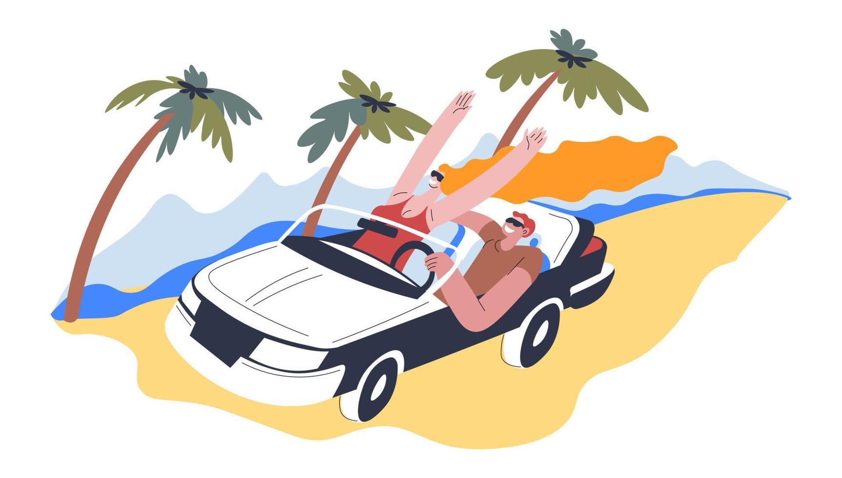 paar rijden in auto, zomer vakantie en vakantie vector