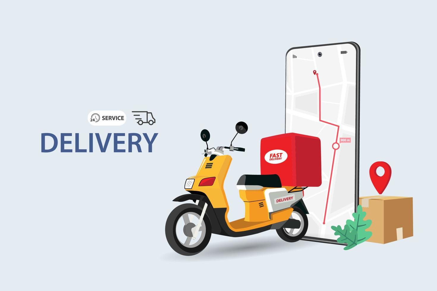 snel levering door scooter Aan mobiel. e-commerce concept. online voedsel bestellen infografisch. webpagina, app ontwerp. blauw achtergrond. perspectief vector