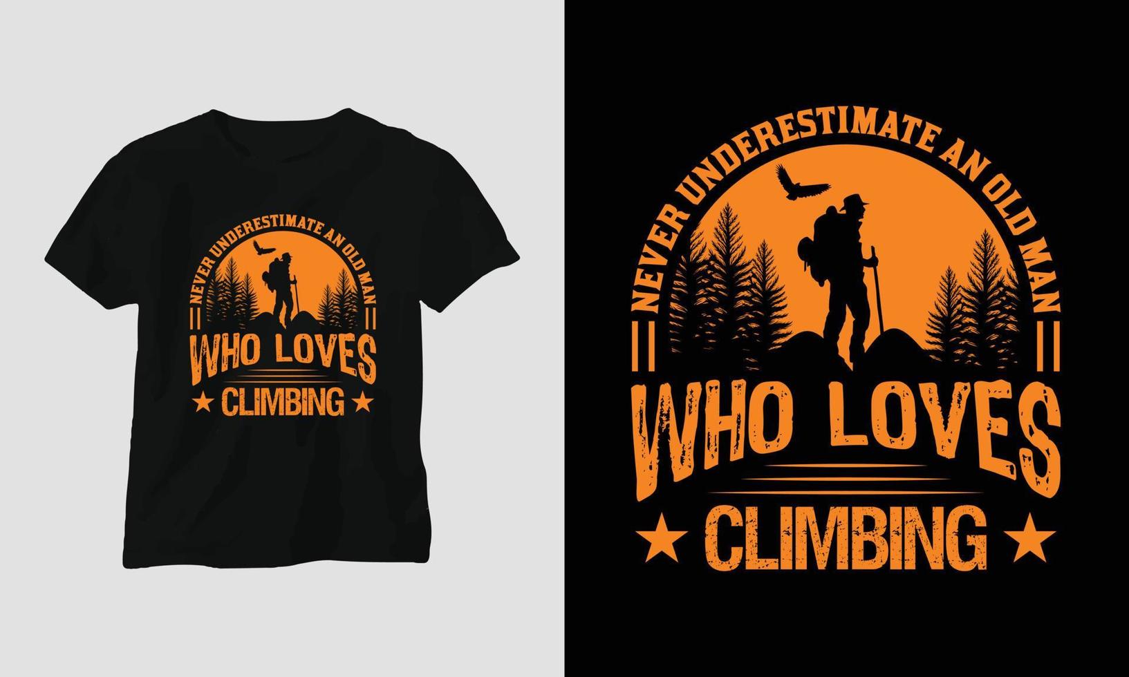 beklimming t-shirt ontwerp concept. ontworpen met berg, silhouet, bomen en wijnoogst stijl. vector