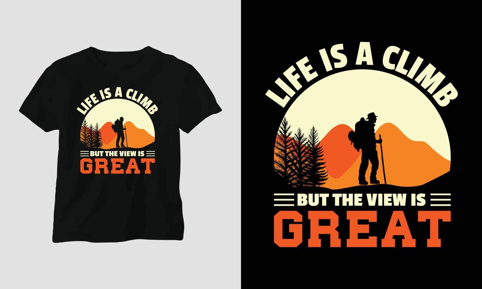 beklimming t-shirt ontwerp concept. ontworpen met berg, silhouet, bomen en wijnoogst stijl. vector