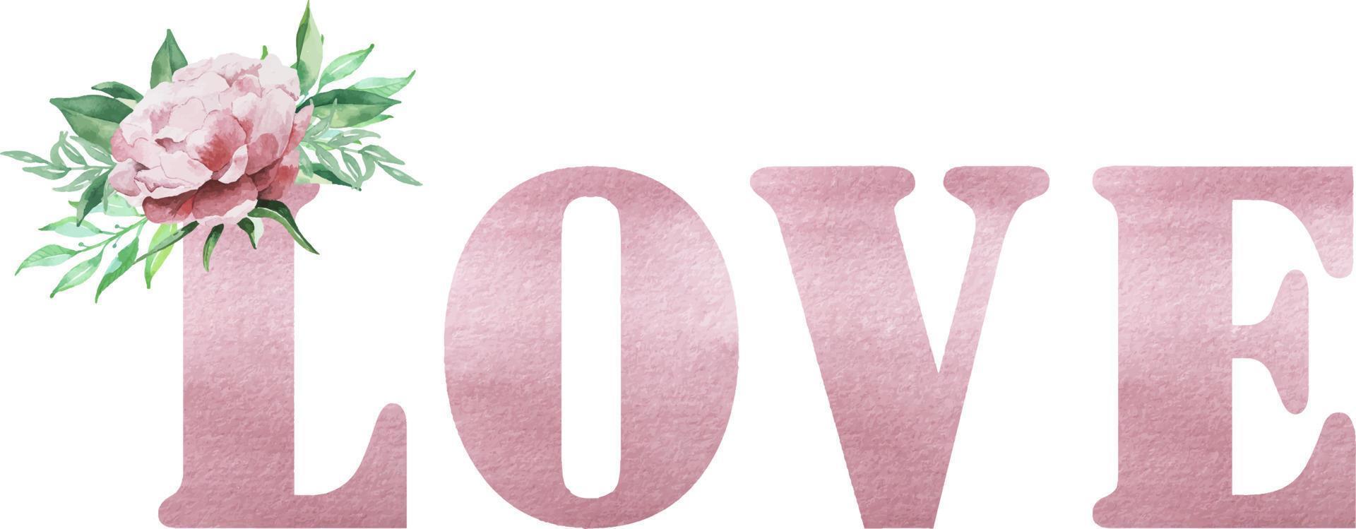 waterverf roze liefde tekst met pioen bloemen bloesem. st. Valentijnsdag dag groet kaart sjabloon met romantisch tekst. decoratief bloemen belettering vector