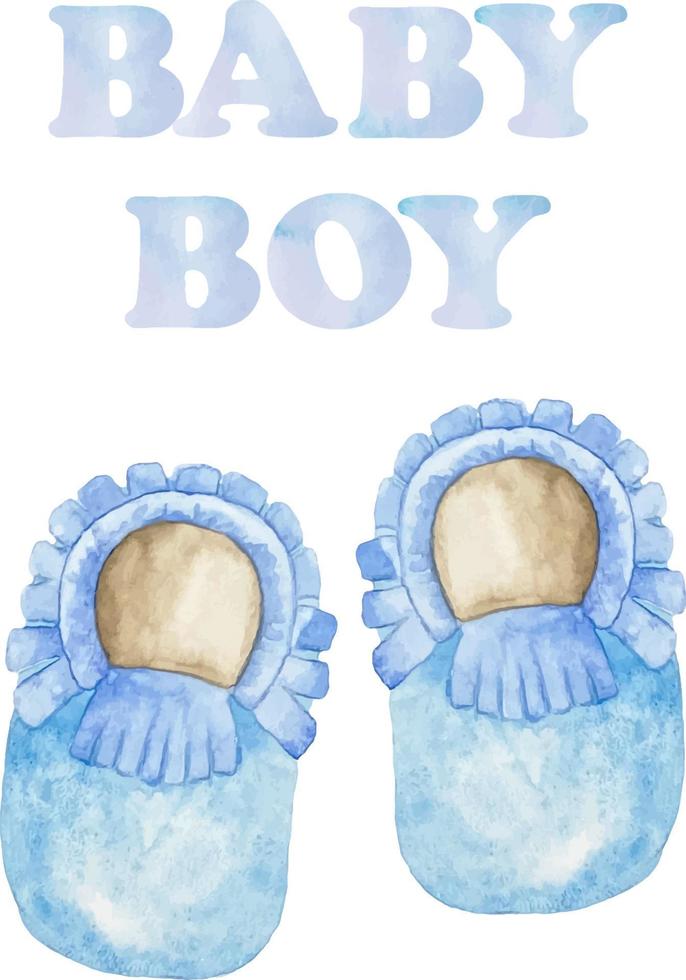 waterverf baby jongen douche set. haar een jongen thema met schoenen. haar een jongen illustratie vector