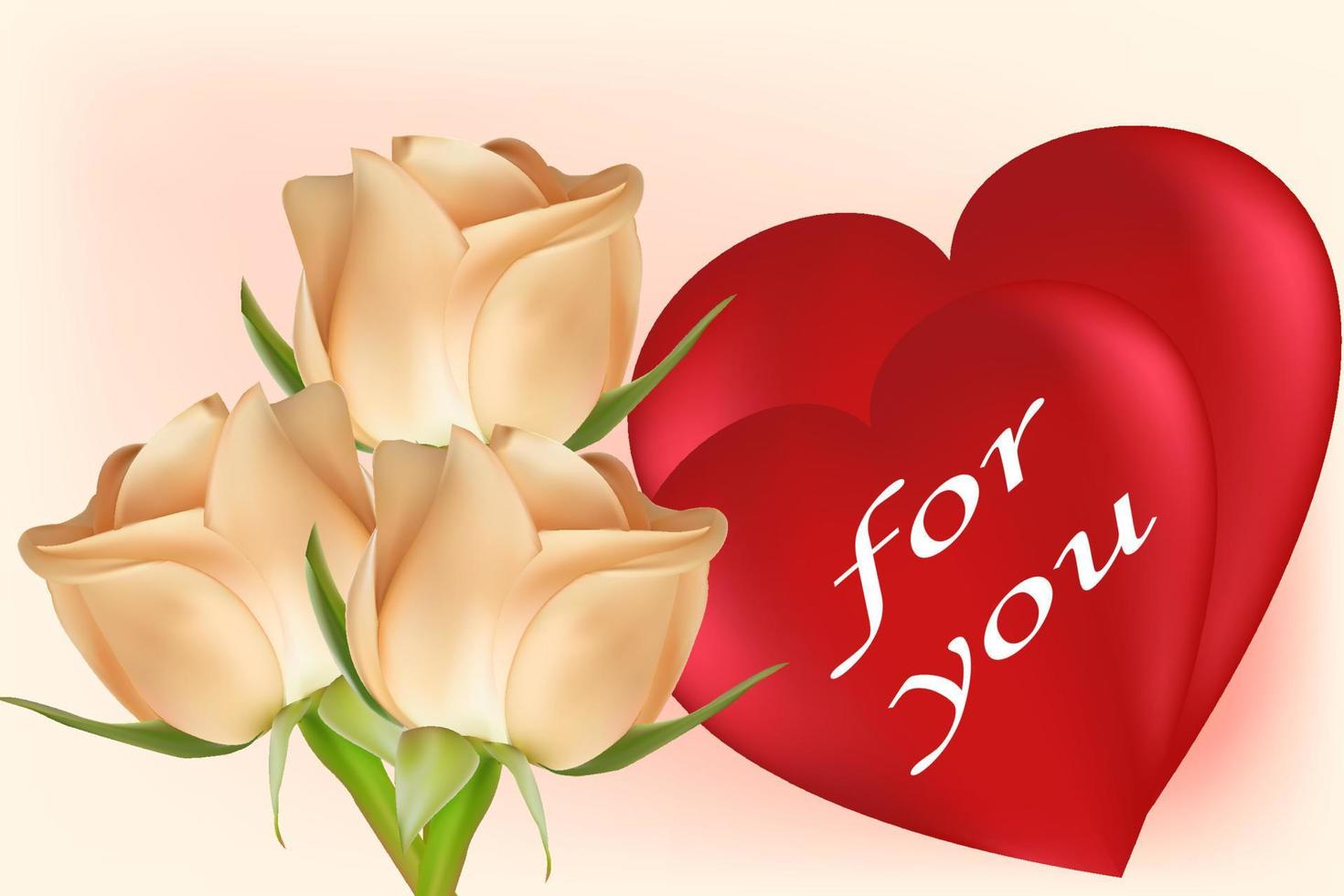 drie beige rozen en twee rood harten met de opschrift voor jij. Valentijnsdag dag concept. universeel vakantie achtergrond. vector beeld