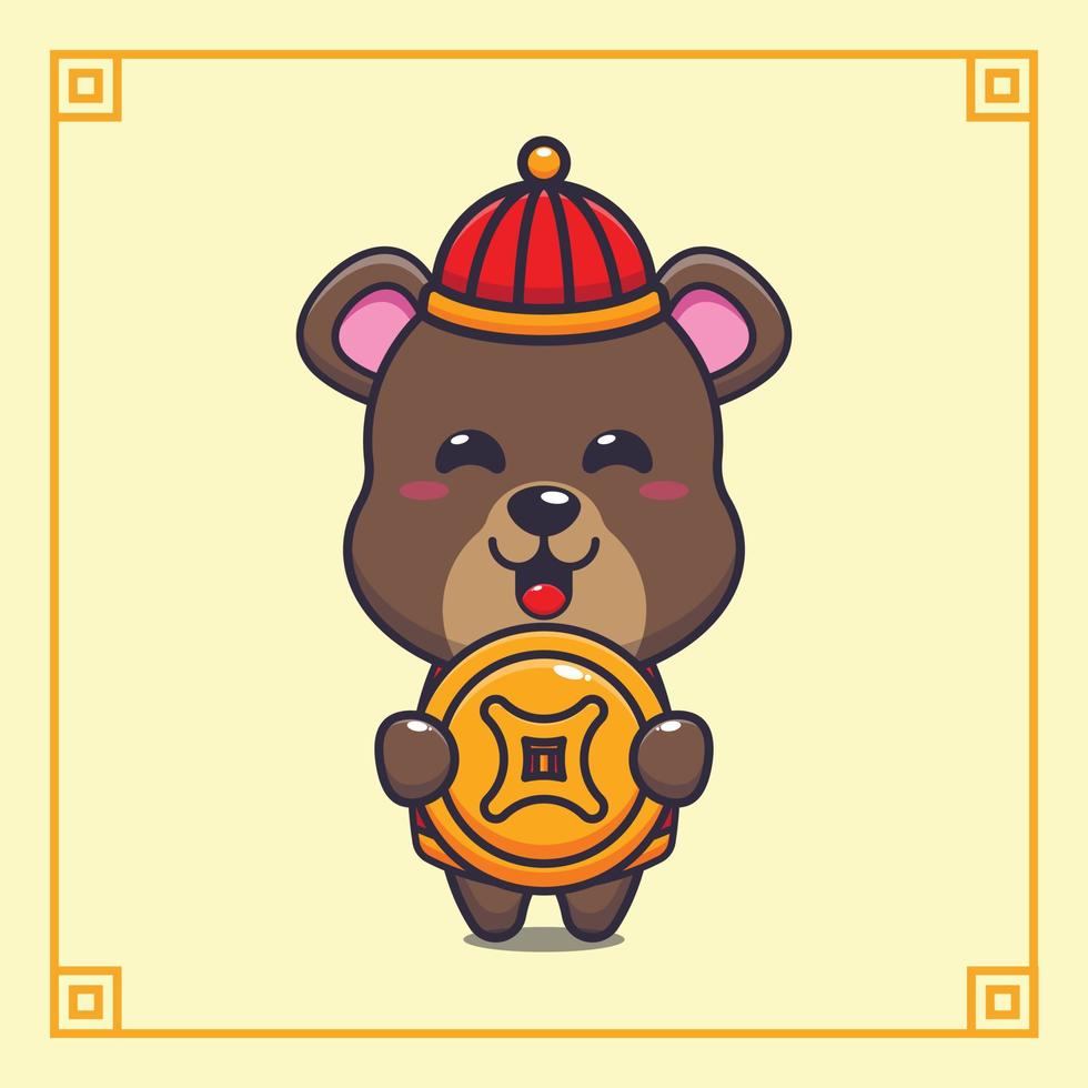 schattig beer met goud munt in Chinese nieuw jaar. vector tekenfilm illustratie geschikt voor poster, brochure, web, mascotte, sticker, logo en icoon.