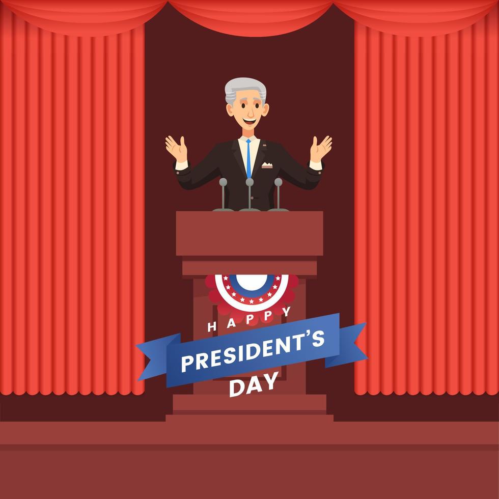 van de president dag Mens staand Aan stadium voor toespraak met binnen- achtergrond rood tekenfilm illustratie vector