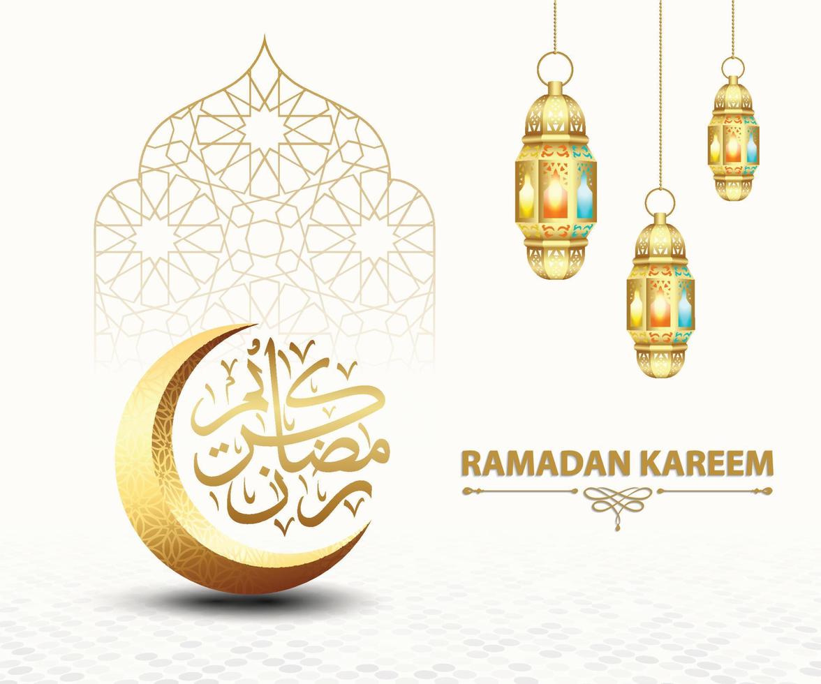 Ramadan kareem groet kaart vector met gouden luxueus halve maan maan en hangende lantaarn