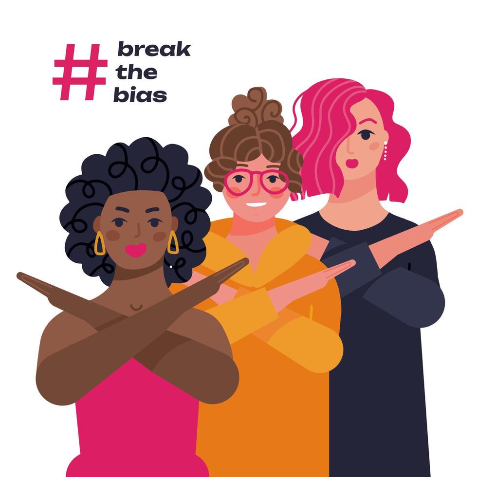 breken de vooroordeel banier voor Dames s Internationale dag, maart 8e. boom Dames van verschillend huid kleur kruis hun armen in protest. vrouw beweging tegen discriminatie. vlak vector illustratie.