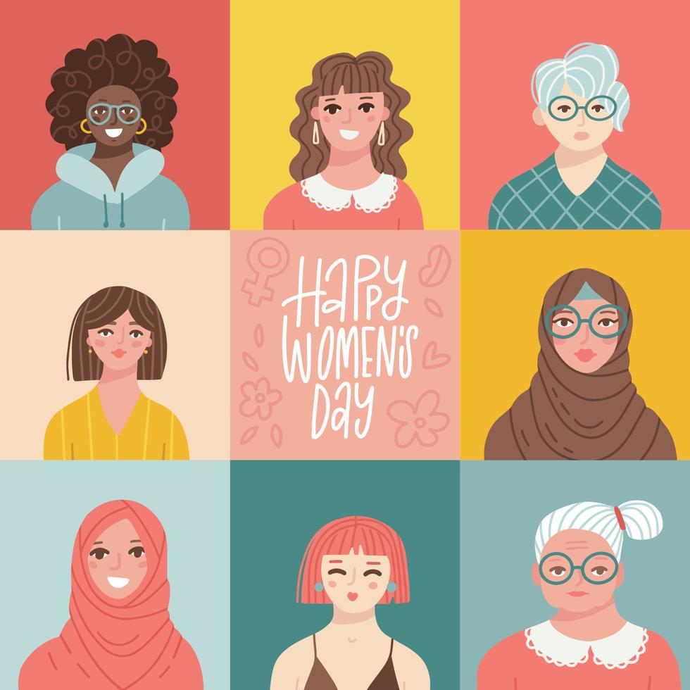 gelukkig Dames s dag groet kaart voor 8 maart. multinational vrouwtjes tekens portretten. meisjes machtiging, steun. groep van verschillend nationaliteiten en leeftijden vrouw samen. vlak vector illustratie.