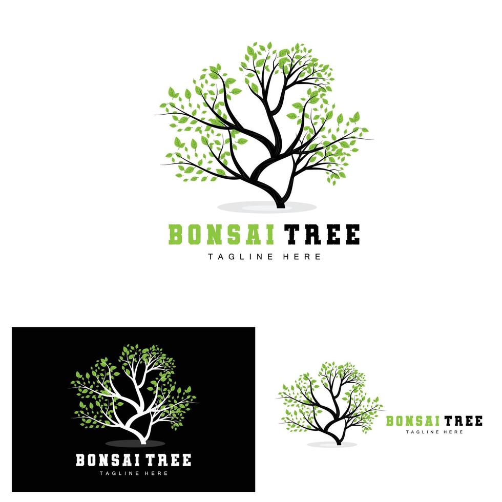 groen boom logo ontwerp, bonsai boom logo illustratie, blad en hout vector